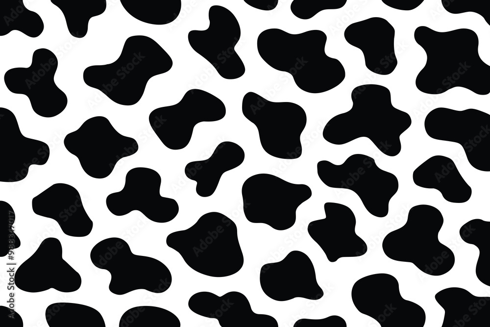 Vector cow print pattern background. Black irregular patches on white backdrop. Abstract cows skin texture illustration. Hand drawn design. Farm animal print Vector cow print pattern background. Black irregular patches on white backdrop. Abstract cows skin texture illustration. Hand drawn design. Farm animal print
