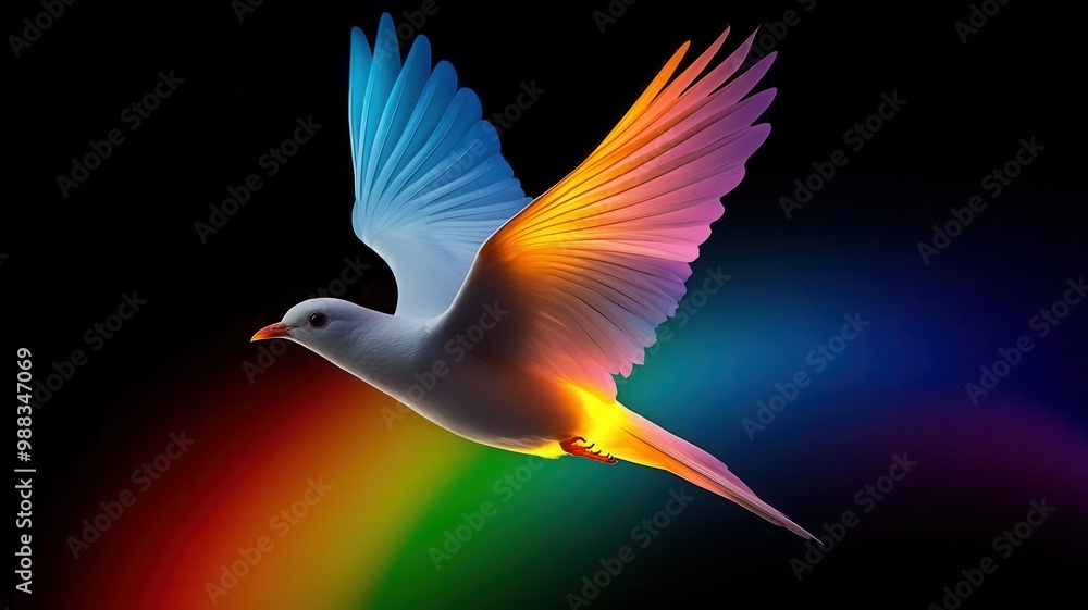 Fototapeta premium Colorful bird in flight with vibrant rainbow wings against a black background.