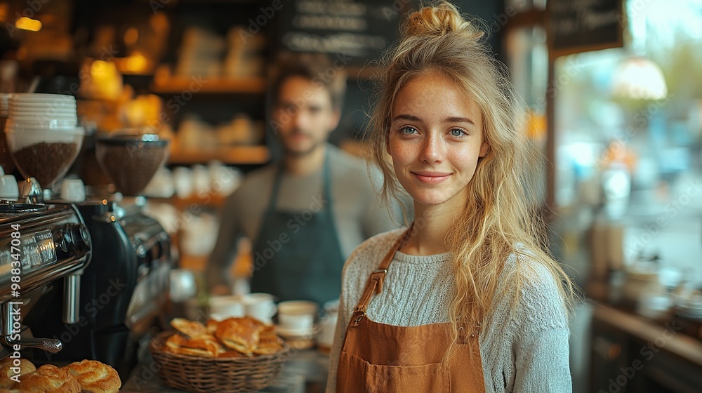beautiful female barist working in coffee shop serving customers elderly couple university student working part time in cafe beautiful female barist working in coffee shop serving customers elderly couple university student working part time in cafe