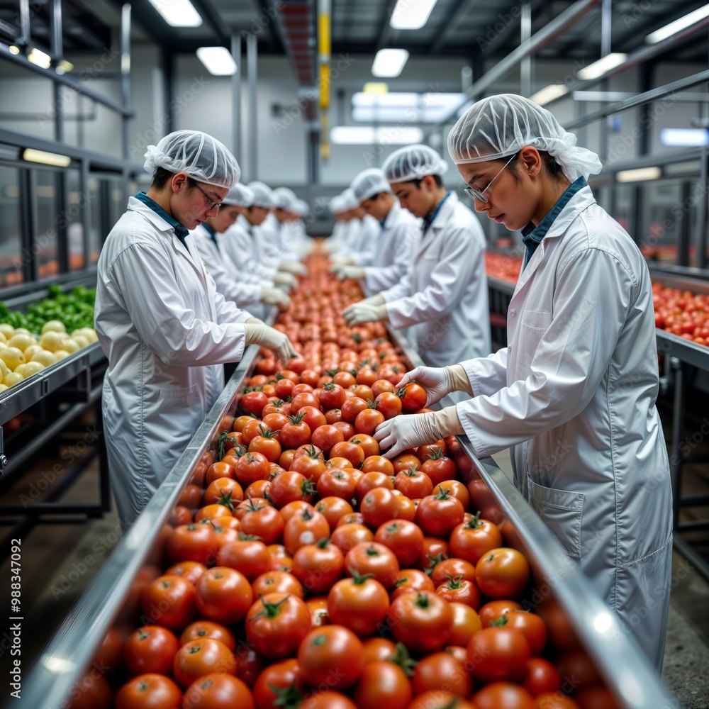 Food Quality Control. Workers inspect tomatoes on a conveyor. Food Quality Control. Workers inspect tomatoes on a conveyor.