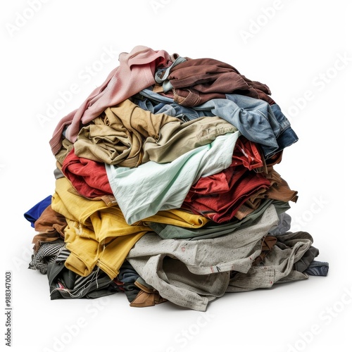 Laundry pile, dirty clothes heap isolated, dirty laundry clothing pile on white background