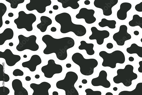 Vector cow print pattern background. Black irregular patches on white backdrop. Abstract cows skin texture illustration. Hand drawn design. Farm animal print