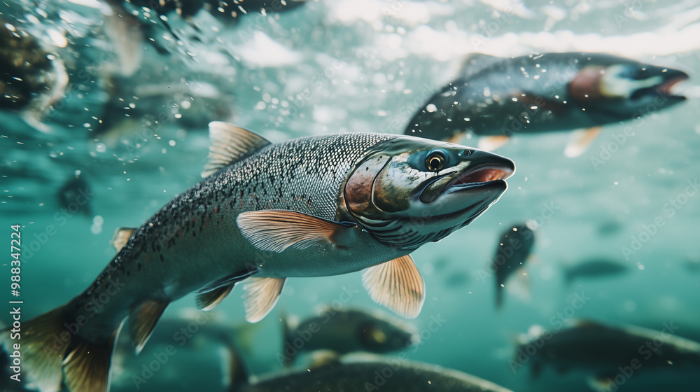 Salmon swimming on the surface of fish farm. fish. Illustrations
Salmon swimming on the surface of fish farm. fish. Illustrations