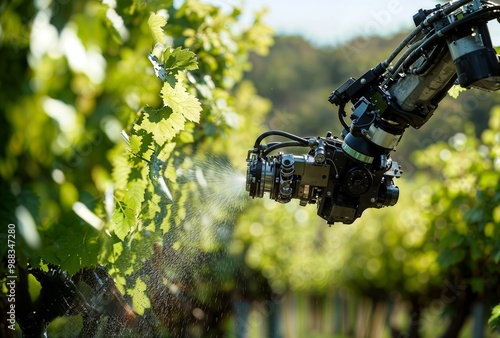 Smart farming robot. Automated farming robot spraying water or pesticides on grapevine leaves in vineyard, precision agriculture.