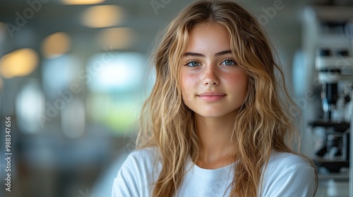 beautiful high school student with microscope in laboratory