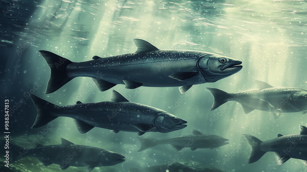 Salmon swimming on the surface of fish farm. fish. Illustrations
Salmon swimming on the surface of fish farm. fish. Illustrations