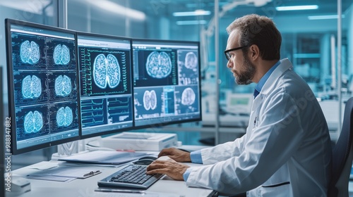 an oncologist reviewing patient scans and reports on a computer screen.