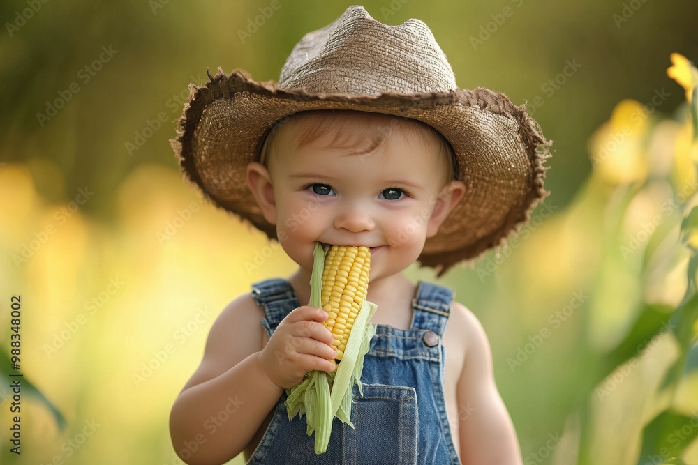 Adorable baby boy wearing straw hat eating corn in a field Adorable baby boy wearing straw hat eating corn in a field