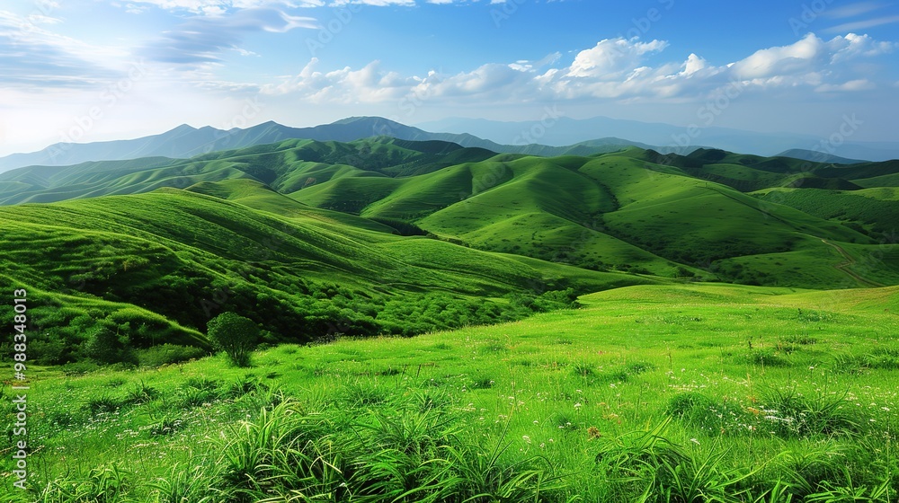 Obraz premium A glorious display of beautiful scenery with natural beauty and expansive grasslands. The grasslands are a vivid green, stretching as far as the eye can see. There are wildflowers dotting the landscap