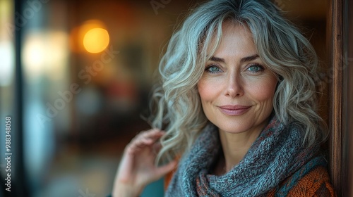 beautiful mature woman waving opening door to guest looking at camer, smiling welcome