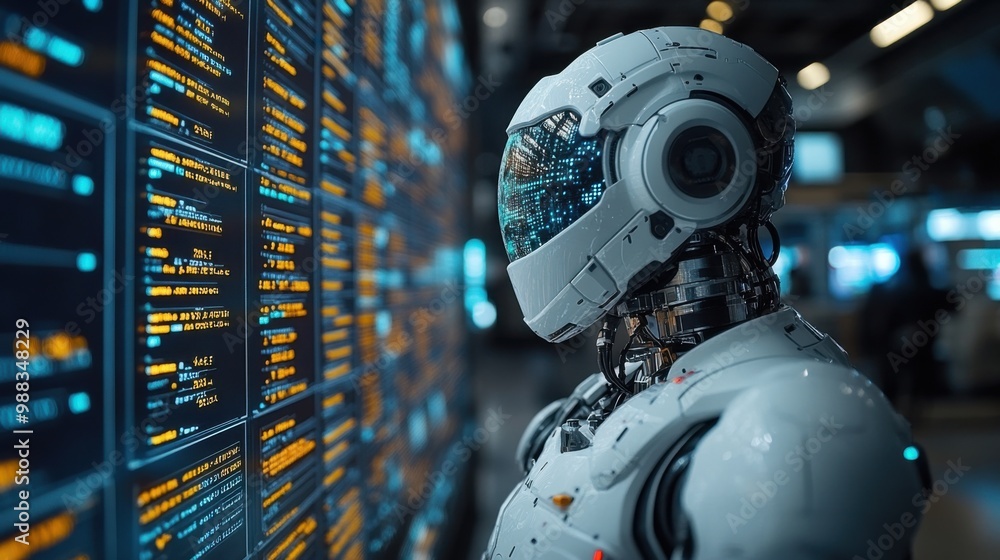 Illustration of a virtual robot in a stock trading area controlled by a robot under modern technology system. Technology of the future. Illustration of a virtual robot in a stock trading area controlled by a robot under modern technology system. Technology of the future.