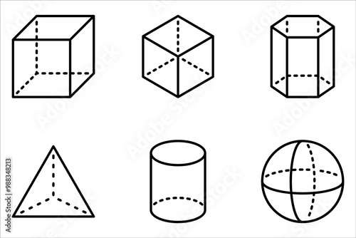 Volumetric basic geometric shapes linear icon set on white background
