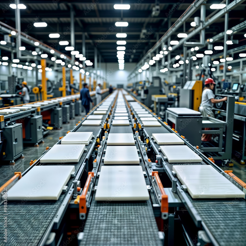 Automated production line. An image of a highly automated factory floor with conveyor belts carrying products and workers monitoring the process.