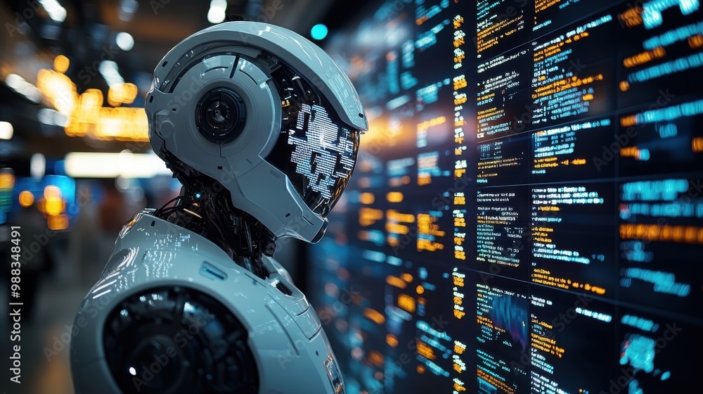 Illustration of a virtual robot in a stock trading area controlled by a robot under modern technology system. Technology of the future. Illustration of a virtual robot in a stock trading area controlled by a robot under modern technology system. Technology of the future.