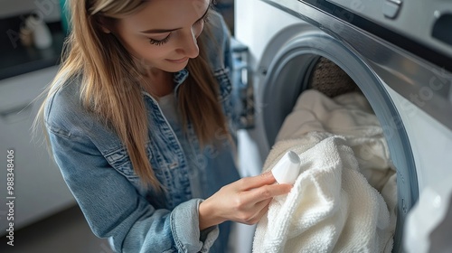 Woman loads washing machine with laundry. This image depicts a woman carefully loading a washing machine with white towels, emphasizing the clean and fresh feeling of laundry day. photo