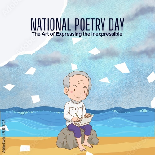 National Poetry day the art of expressing the inexpressible An experienced poet is sitting on a rock by the seashore, trying to write poetry. Poster banner social media post illustration background photo