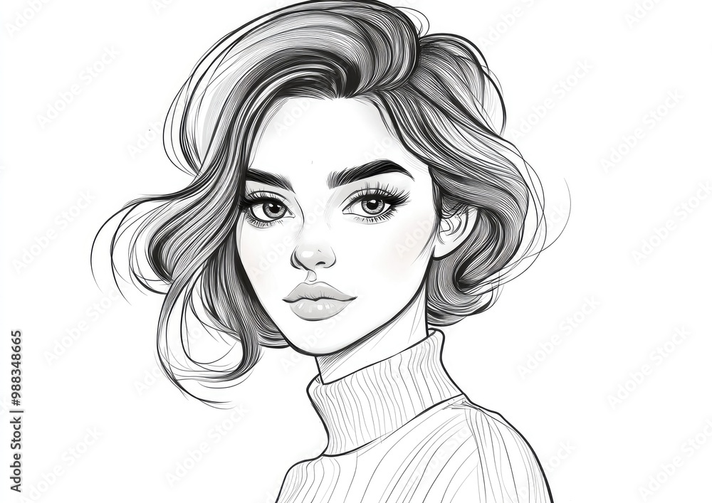 Line art illustration of a charming cartoon woman Line art illustration of a charming cartoon woman