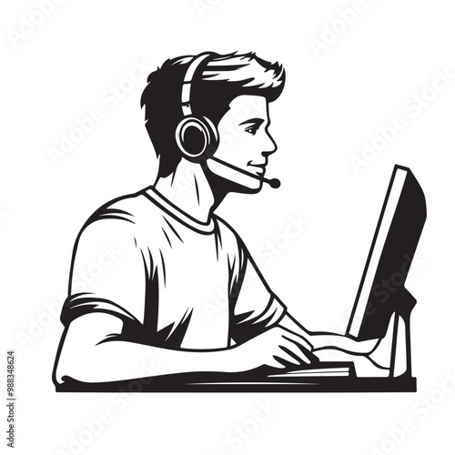 Wearing a headset and working at a computer, young man working in customer service stock illustration.