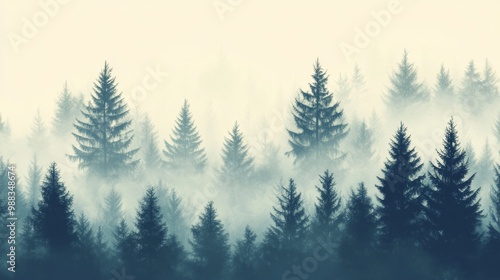 Foggy forest landscape with pine trees. Vintage nature background