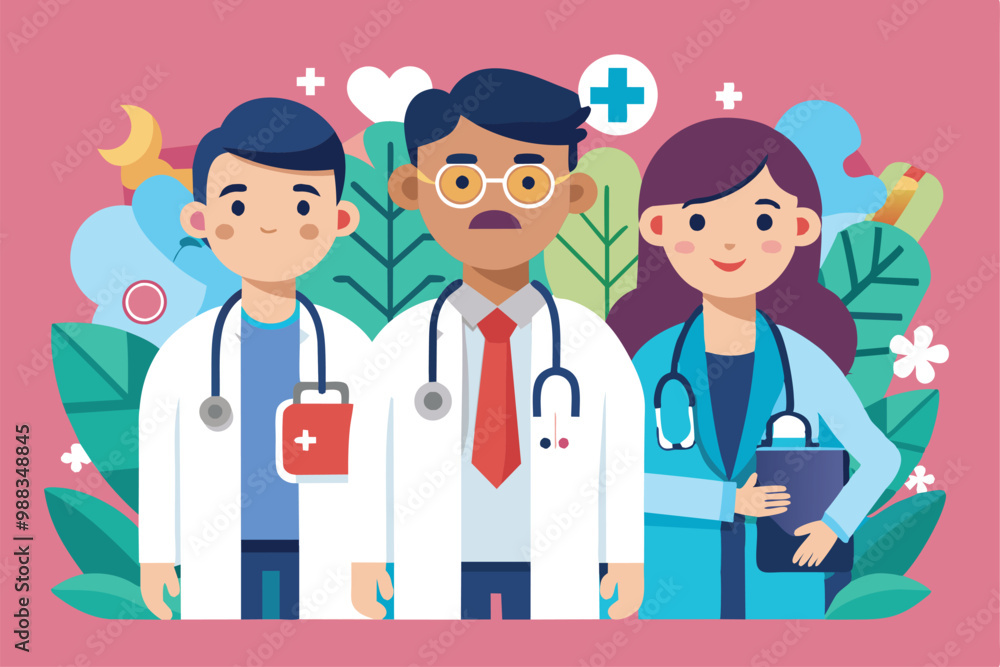 Three doctors in lab coats pose together in a vibrant garden, equipped with medical tools and smiling confidently for a collaborative atmosphere. Three doctors in lab coats pose together in a vibrant garden, equipped with medical tools and smiling confidently for a collaborative atmosphere.