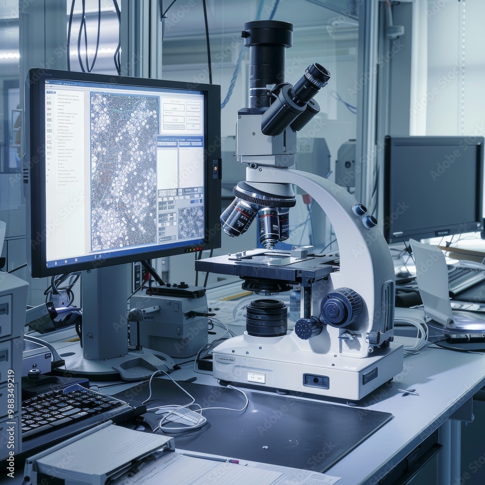 Fototapeta premium Scanning electron microscope in a physical lab, computer education, atom observation, nano