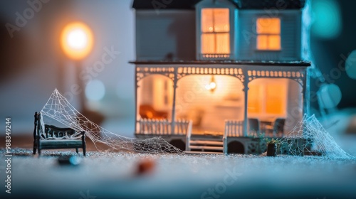 Close up of a dusty cobweb covered dollhouse resembling a dilapidated Victorian mansion miniature furniture overturned casting eerie shadows in the dim light. photo