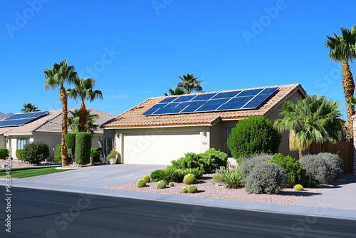 A house in Las Vegas with solar panels on the roof, in front of it is an empty driveway and street. There's some landscaping around the home, Modern Solar Panels Installed On A Las Vegas Home