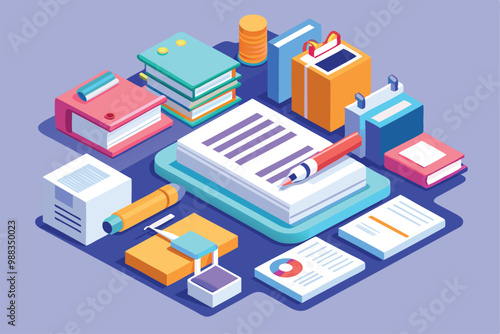 A collection of documents, stationery, and office supplies is arranged in an isometric style on a vibrant purple background. photo