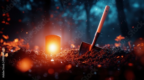 Freshly dug grave in a graveyard a single shovel resting against a nearby headstone the surrounding earth disturbed and uneven creating a sense of unease and dread.