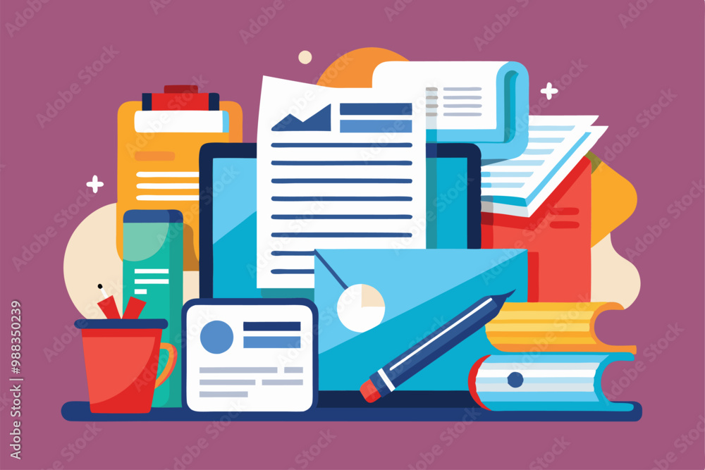 A dynamic arrangement showcases various customizable documents, stationery, and office items on a colorful background, highlighting a creative workspace. A dynamic arrangement showcases various customizable documents, stationery, and office items on a colorful background, highlighting a creative workspace.