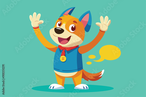 A playful cartoon dog stands happily, ready to give a high five with excited paws raised and a joyful expression, set against a vibrant green background.