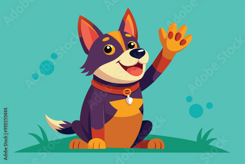 A cheerful cartoon dog is sitting and raising its paw to give a high five, showcasing a fun and friendly demeanor in a bright, colorful setting.