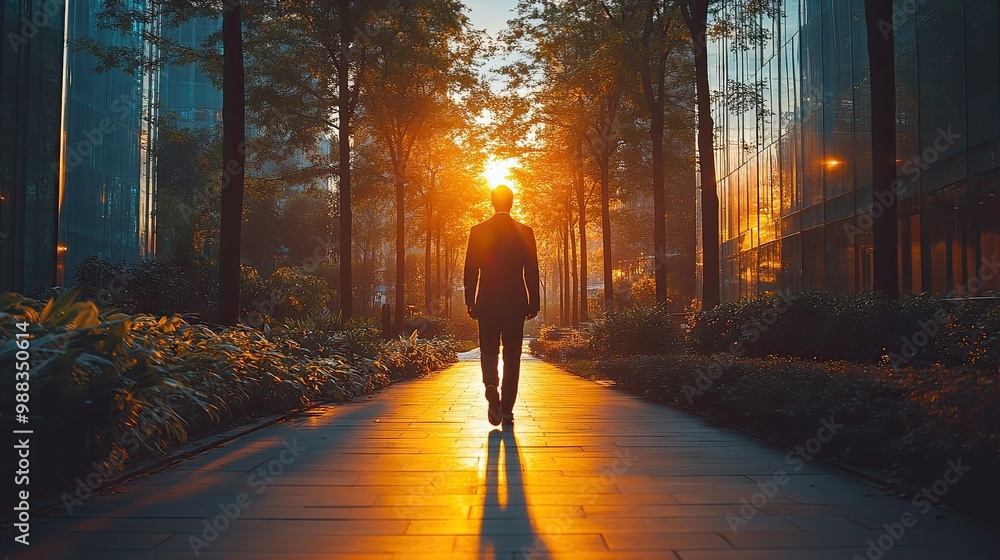 businessman walking in park near office buliding during break work life balance concept businessman walking in park near office buliding during break work life balance concept