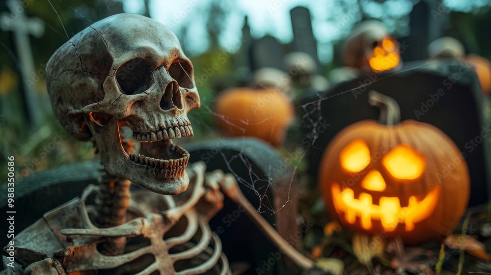 A skeleton with an open mouth sits in a spooky graveyard setting with a glowing jack-o-lantern in the foreground. A skeleton with an open mouth sits in a spooky graveyard setting with a glowing jack-o-lantern in the foreground.