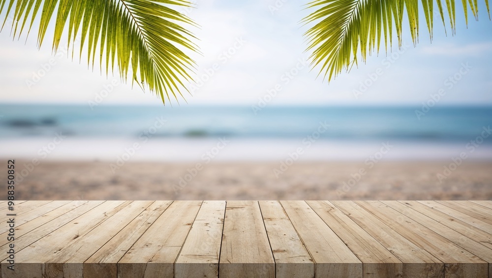 Empty wooden planks with blur beach on background, can be used for product placement, palm leaves on foreground Empty wooden planks with blur beach on background, can be used for product placement, palm leaves on foreground