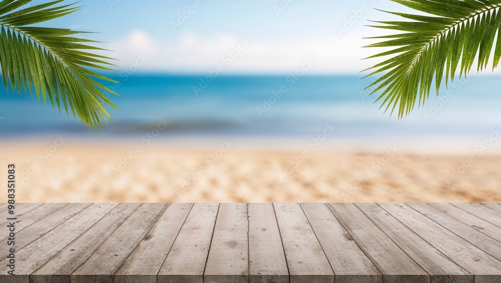 Empty wooden planks with blur beach on background, can be used for product placement, palm leaves on foreground Empty wooden planks with blur beach on background, can be used for product placement, palm leaves on foreground