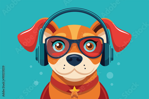 A cheerful dog wearing colorful glasses and headphones relaxes, ready for an enjoyable listening experience in a cozy setting.