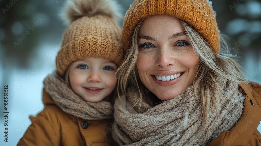 cheerful mother with small daughter standing in winter nature laughing cheerful mother with small daughter standing in winter nature laughing