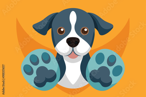 A cheerful dog paw illustration featuring a blue and gray dog against a bright orange backdrop. Ideal for pet lovers and custom designs.
