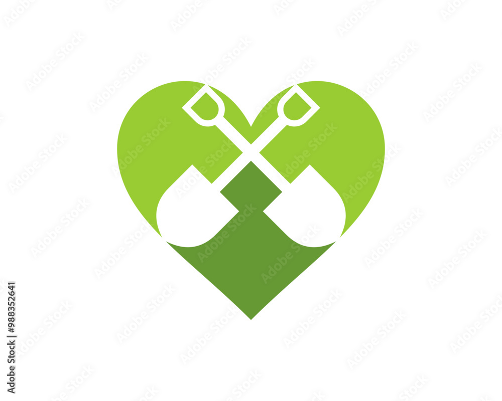 Shovel crossed inside the green love shape logo Shovel crossed inside the green love shape logo