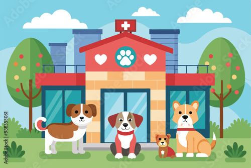Friendly veterinarians attend to adorable puppies at a domestic animal care hospital surrounded by greenery and a welcoming environment.