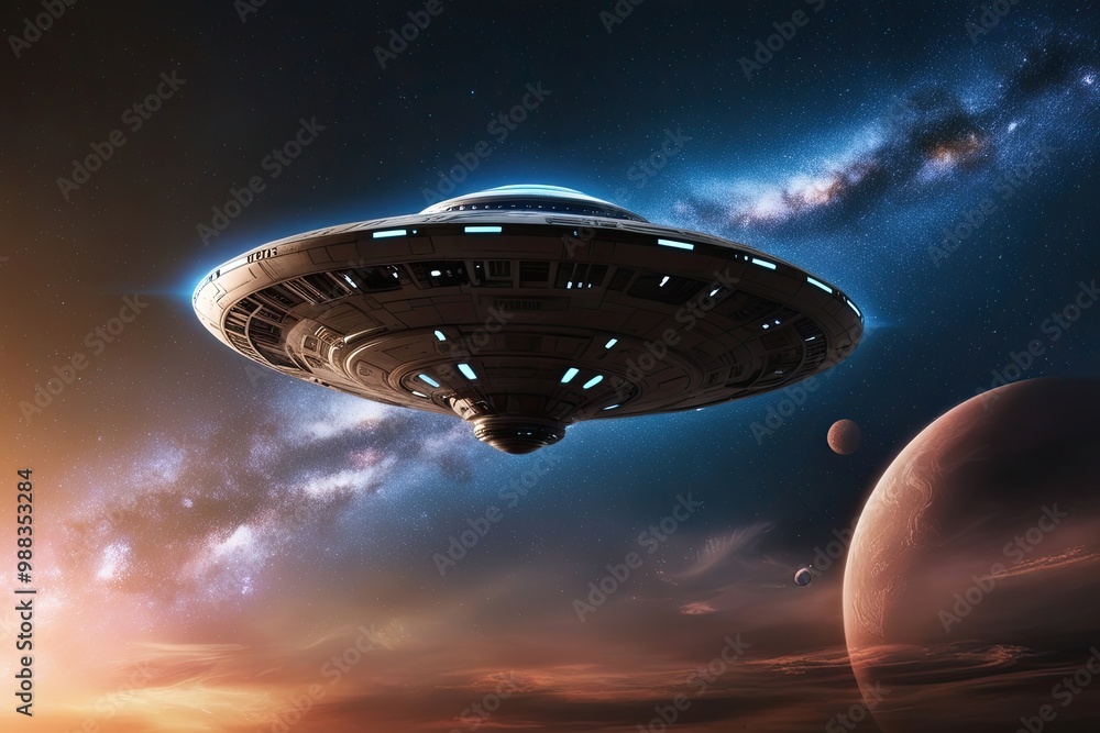 Stunning Alien Spaceship Flying in a Galactic Background Stunning Alien Spaceship Flying in a Galactic Background