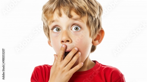 A boy with a surprised face covers his mouth with his hand 