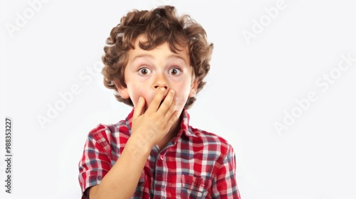 A boy with a surprised face covers his mouth with his hand 