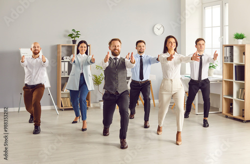 Yogi office people standing in yoga pose, employee group in formal wear doing exercise calming mind body. Active workers resting, wellness, health, meditate together for life balance, business success