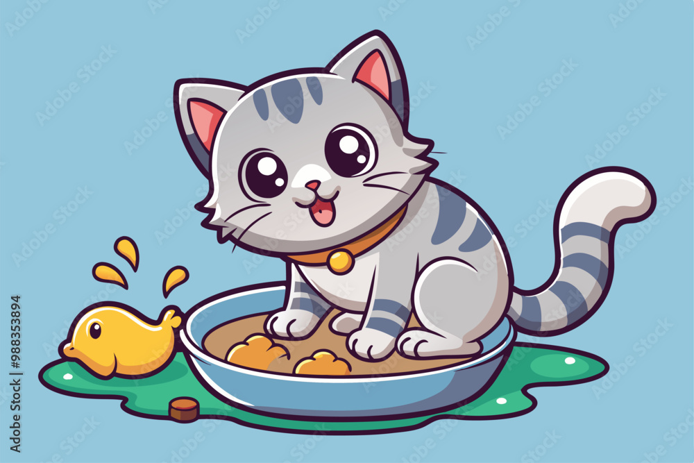 A mischievous kitten sits in a water dish, splashing around happily, while a small yellow duckling watches playfully beside it. A mischievous kitten sits in a water dish, splashing around happily, while a small yellow duckling watches playfully beside it.