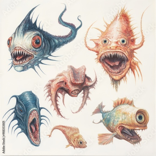 Deep sea creatures on white --v 6.1 Job ID: 9b2e4f5d-1602-471b-8608-bd51717a46a9