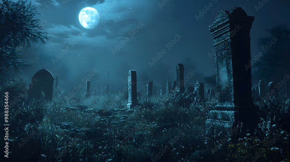 Abandoned Graveyard with Crumbling Tombstones at Night Abandoned Graveyard with Crumbling Tombstones at Night