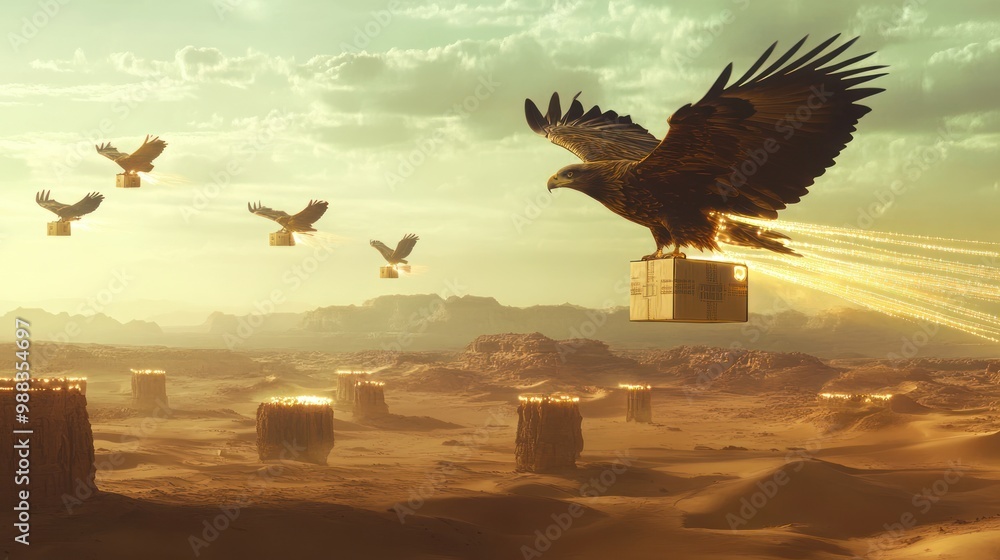 Obraz premium A futuristic scene where an eagle with a state-of-the-art harness delivers packages across a vast metropolis, combining nature with cutting-edge technology for the fastest delivery service.