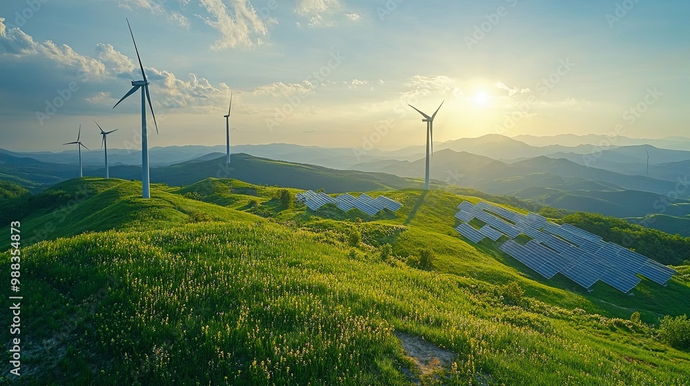 Wind Turbines and Solar Panels on a Lush Green Hillside Wind Turbines and Solar Panels on a Lush Green Hillside